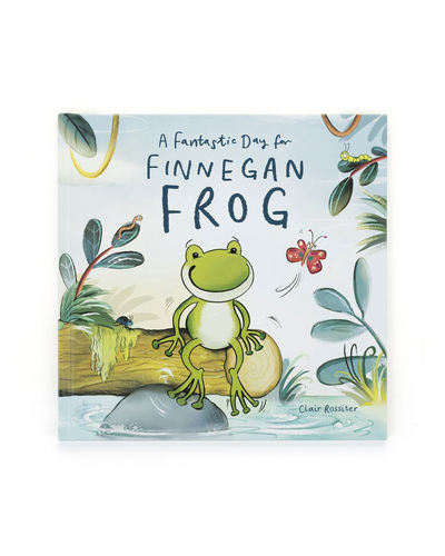 Introducing the "Jellycat A Fantastic Day for Finnegan Frog Book" by Clair Rossiter – an enchanting illustrated children's book featuring a cheerful frog perched on a log by the water. This delightful bedtime story, adorned with leaves, a butterfly, and a bird, is perfect for sparking little ones' imaginations.