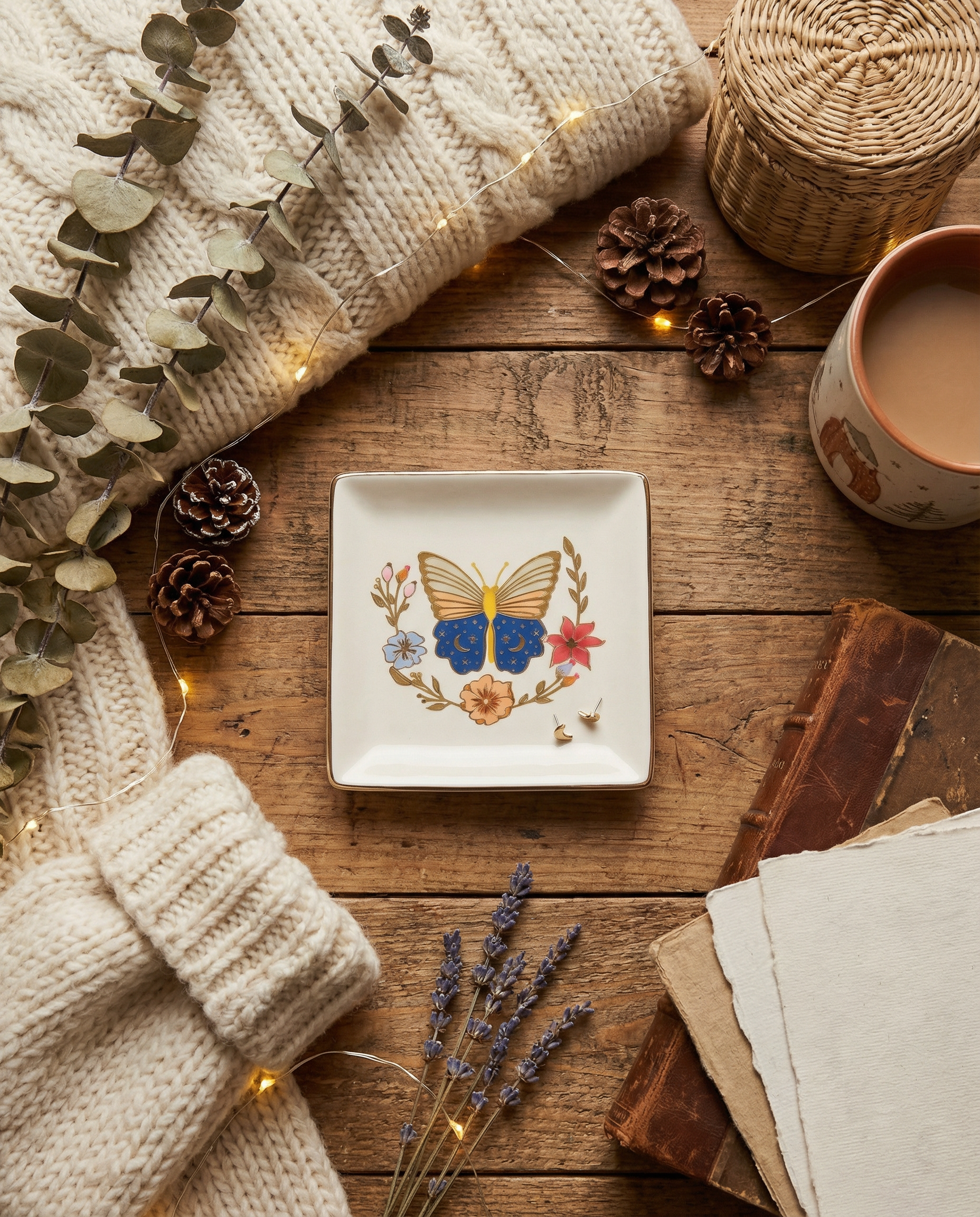 Jewelry Dish & Stud Earring Set - Butterfly/Cream