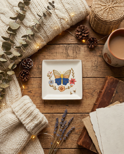 Jewelry Dish & Stud Earring Set - Butterfly/Cream
