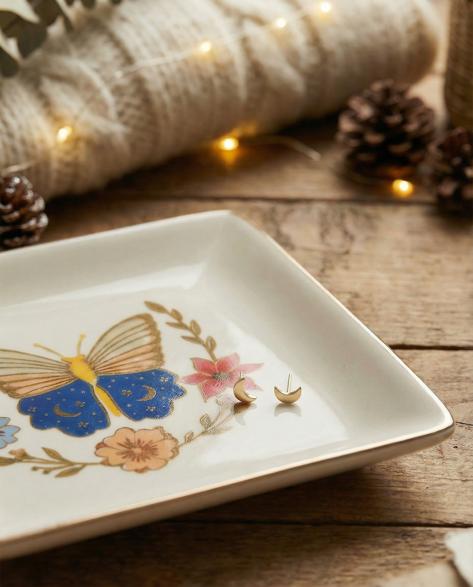 Jewelry Dish & Stud Earring Set - Butterfly/Cream