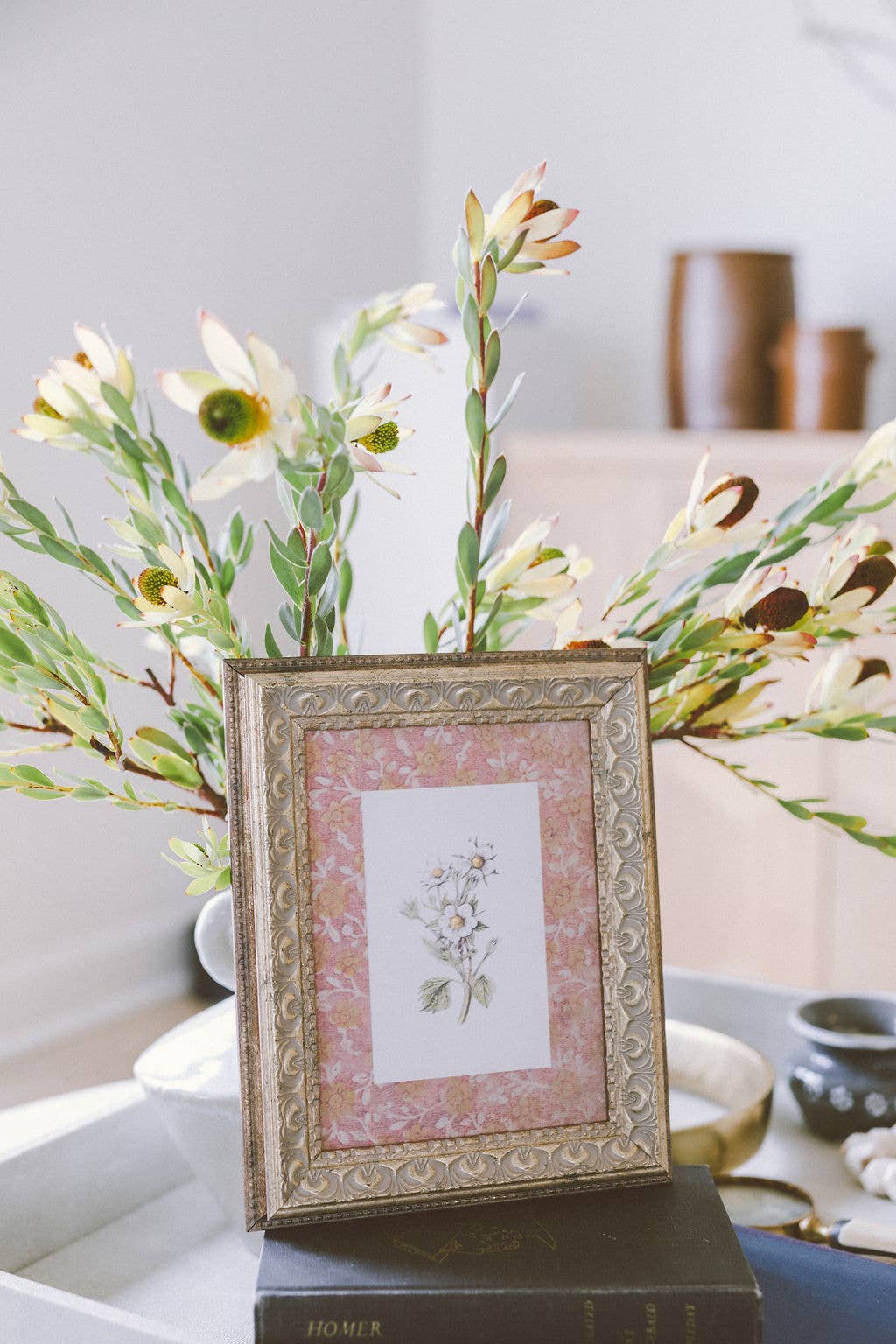 Daisies on Pattern Framed Antique Art - 8x10