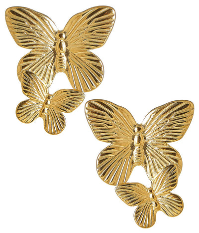 Two pairs of Alistair Double Butterfly Earrings – Gold, each featuring one large and one small butterfly with detailed textured wings; lightweight, elegant statement studs ideal for everyday wear.