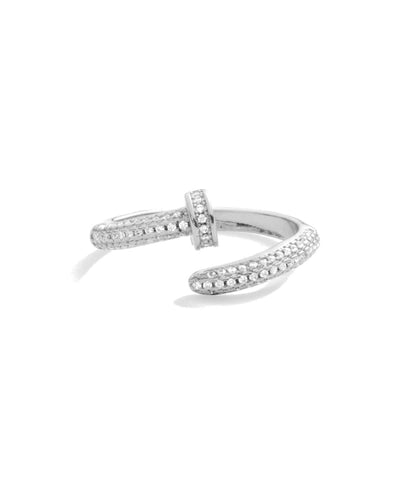 The Adjustable Pave Nail Ring - Silver boasts a silver open-ended spiral design accented with pavé cubic zirconia. Each end shines with rows of tiny gems, set against a white backdrop, making an elegant statement.