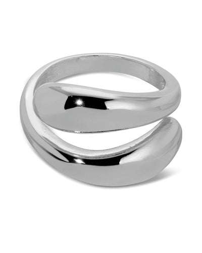 A rhodium-plated silver ring featuring a bold, open design with two smooth, curved bands that overlap elegantly. The polished finish adds a touch of sophistication, making it a versatile accessory for any outfit.