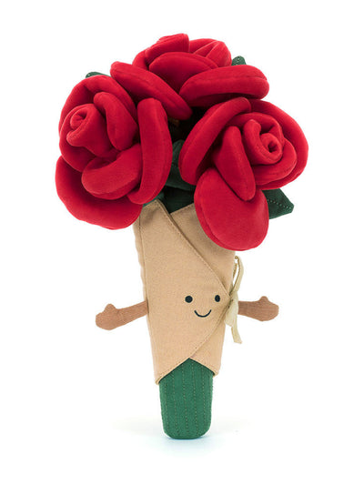 Front-facing Jellycat Amuseables Rose Bouquet plush bouquet of red roses with a friendly smiling face on the tan wrap, complete with small brown arms and a green base.