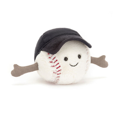 Front-facing Jellycat Amuseables Sports Baseball plush toy, displaying a friendly smile, a black baseball cap, and two brown corduroy arms.