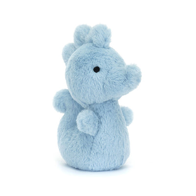 Three-quarter view of the blue Jellycat Fluffy Seahorse plush toy, highlighting its adorable black eyes and fluffy marine design.