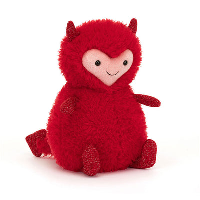 Front-facing Hugg McSnugg plush featuring a heart-shaped pink face, glittery red horns, and a soft, round body.