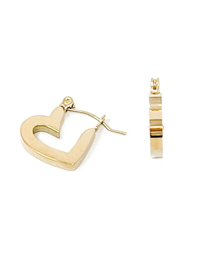 Set against a white backdrop, the Non-Tarnish Petite Heart Hoops - Gold Filled earrings glow; one is heart-shaped with a latch back, while the other features an elegant hoop design. Crafted from hypoallergenic, non-tarnish gold-filled material, they promise beauty and comfort.