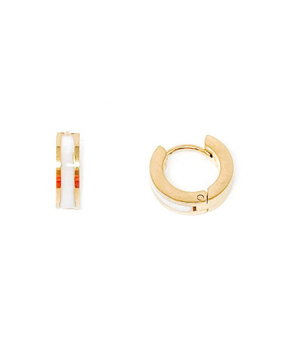 The Non-Tarnish White Enameled Stripe Huggie Hoops - Gold are pictured on a white background; the left earring shows its side with orange and white enameled stripes, while the right highlights its elegant circular shape and hypoallergenic design.