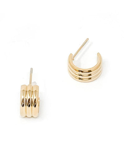 The Non-tarnish Small Grooved Hoop Earrings in gold feature a triple hoop design with a polished finish and modern style, shining brightly against a plain white background.