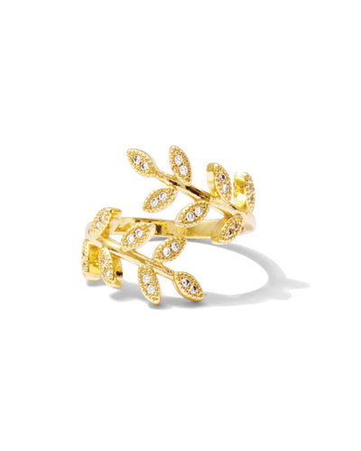 The Pave Adjustable Leaf Ring - Gold is a luxurious design resembling a laurel wreath with pavé cubic zirconia leaves. Its intricate detail and adjustable fit make it a standout piece, beautifully presented against a simple white background.