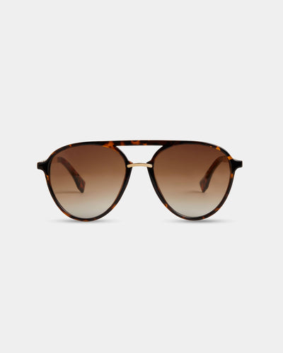 A pair of tortoise-shell aviator sunglasses with gold bridge accents and brown gradient lenses.