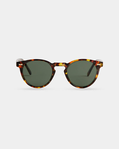 A pair of vintage-inspired tortoiseshell sunglasses with a keyhole bridge and dark green lenses, offering a stylish and timeless look.