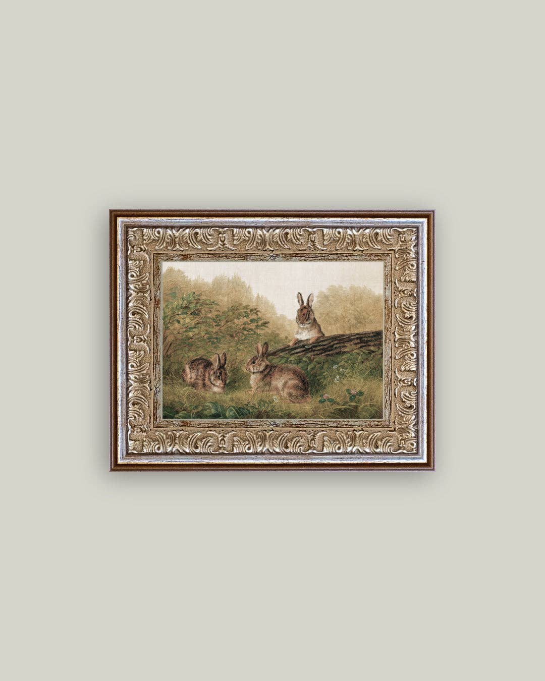 Rabbits on a Log Framed Antique Art - 7x5