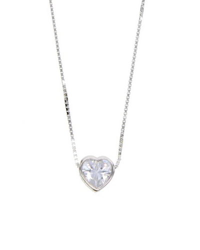 The CZ Bezel Necklace Heart - Silver is a delicate silver necklace with a heart-shaped clear gemstone pendant on a fine chain. Tarnish-resistant and hypoallergenic, it offers simplicity and elegance, catching light with a subtle sparkle.