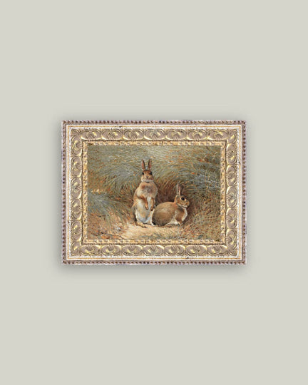 Bunnies Framed Antique Art - 7x5
