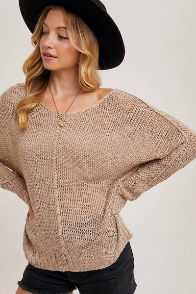 Wearing a wide-brimmed black hat, they sport the Amabel Reverse Seam Loose Fit Sweater in taupe with black shorts. Their relaxed expression and hands on hips enhance their laid-back silhouette against a plain backdrop, as they look to the side.