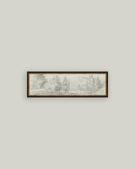 Country Meadow Sketch Framed Antique Art - 24x8